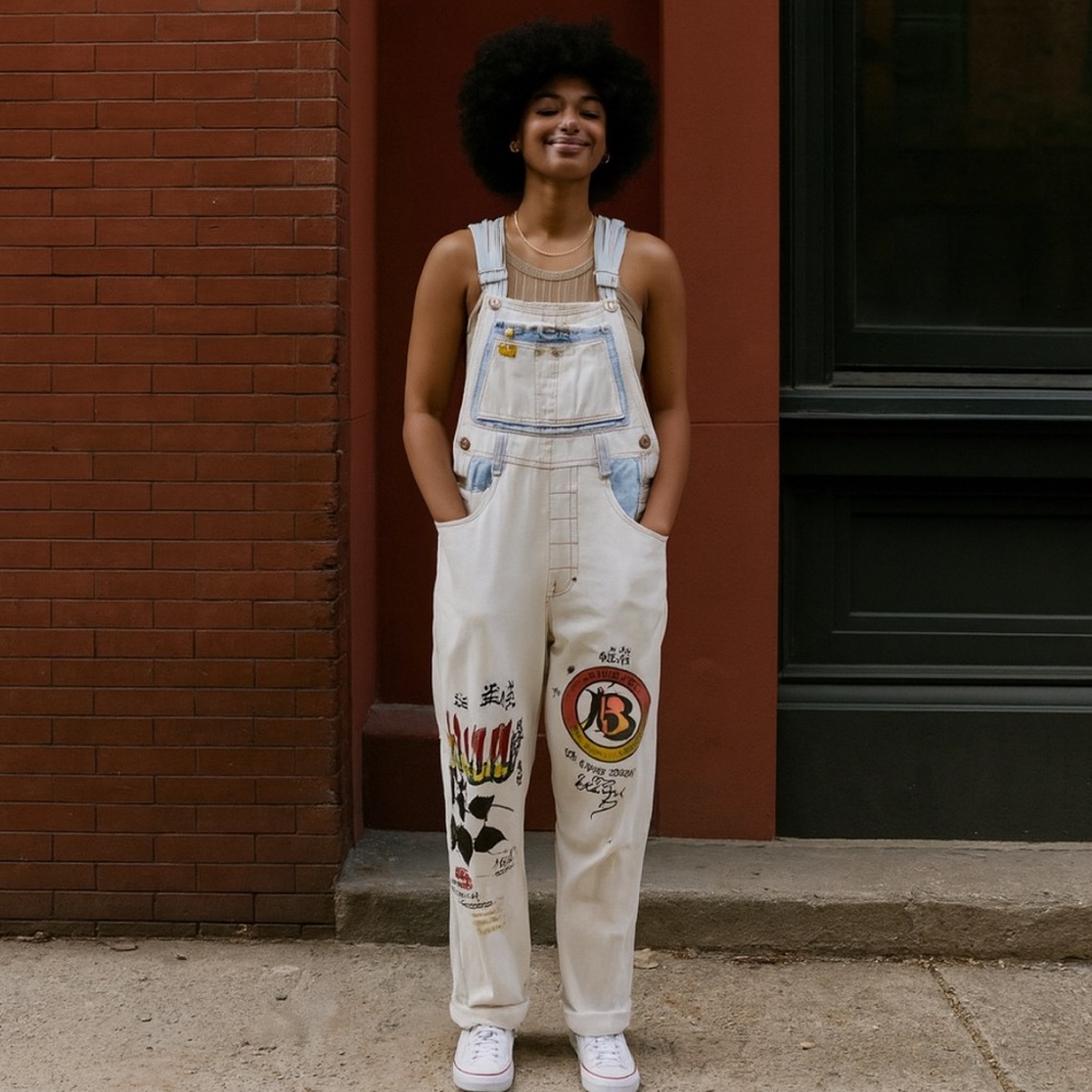 Vintage 1991 Dakota Blue Graphic Painted Denim Overalls sz M Streetwear